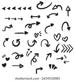 Set of hand drawn arrows and heart, icons, shape, symbols, element, doodle vector for decorating text, direction, signage, diagrams, user interface, logo, branding, digital scrapbook, etc.