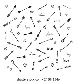 Set of hand drawn arrows and hearts for Valentine's Day. Vector illustration.