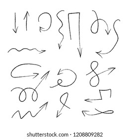 Set of hand drawn arrows for highlighting text. Marker elements, highlighter elements, arrows, brush lines.