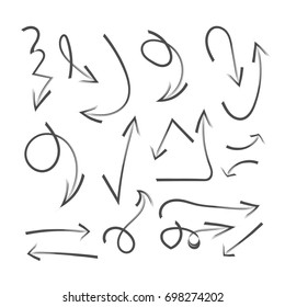 Set of hand drawn arrows for highlighting text. Marker elements, highlighter elements,  arrows, brush lines.