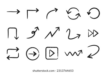 Conjunto de iconos de flechas dibujadas a mano aislados en fondo blanco. Colección de un signo de flecha diferente. Ilustración vectorial.