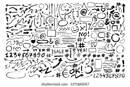 Set of hand drawn arrows, icons, hashtags. Social symbols. 