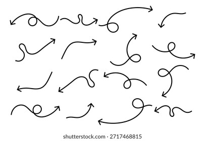 Satz handgezeichneter Pfeilsymbole. Große schwarze Pfeilsymbol. Pfeilsymbole Symboldesign. Pfeilende, flache Vektorsammlung.