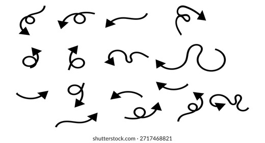 Conjunto de iconos de flechas dibujadas a mano. Conjunto de iconos negros grandes de flechas. Diseño de símbolos de iconos de flecha. Flecha plana colección de Vector.