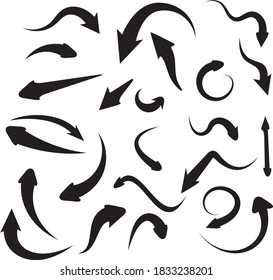 Conjunto de flechas dibujadas a mano aisladas sobre fondo blanco. Ilustración vectorial.