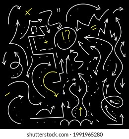 Satz handgezeichneter Pfeile einzeln auf schwarzem Hintergrund. Einfache Design-Elemente im skizzenhaften Stil. Grafische Richtungssymbole. Vektordoodgrafik