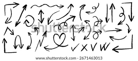Set of hand drawn arrows isolated on white background. Doodle style directional elements with checkmarks, crosses, and hearts. Curved arrows