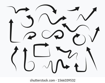 Set of hand drawn arrows on white background. Direction cursors sketch symbols vector icon collection
