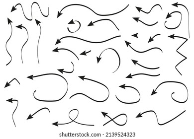 Juego de flechas dibujadas a mano sobre fondo blanco. Iconos del doodle de flecha. Ilustración del vector