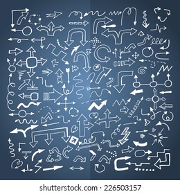 Set of hand drawn arrows on dark background. Business design element. Vector illustration
