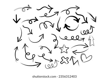 Conjunto de flechas dibujadas a mano sobre el diseño de fondo blanco elemento ilustración vectorial