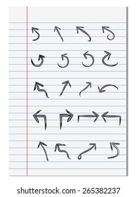 Set of hand drawn arrows on notebook paper background , Vector Illustration