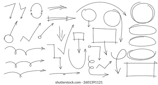 Set of Hand drawn arrows pen doodle line stroke. Highlight, marks. Set of Sketches of arrows, ellipse, rectangle, oval and mark. Collection of vector doodle elements and shapes for notes