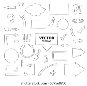 Set of hand drawn arrows. Pen design elements isolated on white, vector illustration. 