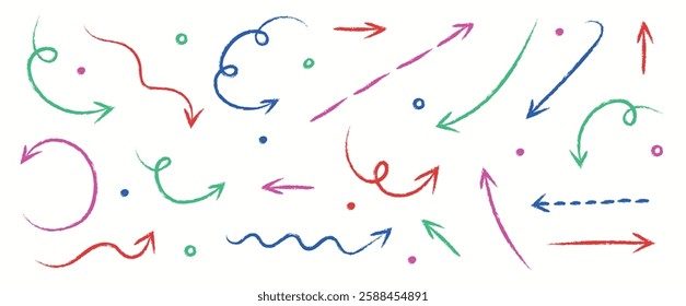 Set of hand drawn arrows in pencil, crayon and chalk style. Cartoon elements. Vector illustration 