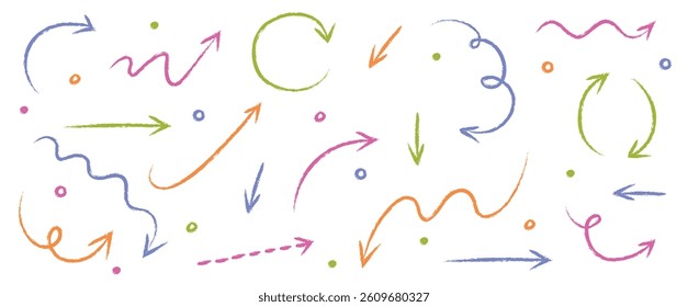 Set of hand drawn arrows in pencil, crayon and chalk style. Cartoon elements. Vector illustration 