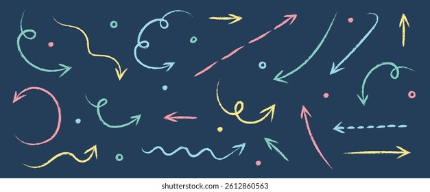 Set of hand drawn arrows in pencil, crayon and chalk style. Cartoon elements. Vector illustration 