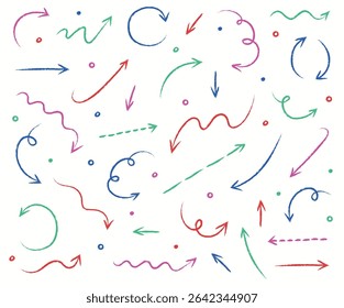 Ensemble de flèches dessinées à la main au crayon, au crayon et à la craie. Éléments de dessins animés. Illustration vectorielle 
