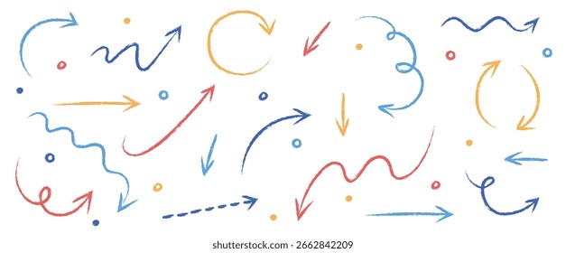 Conjunto de flechas dibujadas a mano en estilo lápiz, crayón y tiza. Elementos de dibujos animados. Ilustración vectorial 