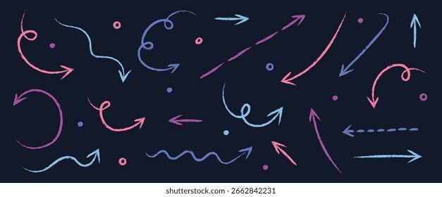 Conjunto de flechas dibujadas a mano en estilo lápiz, crayón y tiza. Elementos de dibujos animados. Ilustración vectorial 