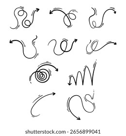 Set of hand drawn arrows with playful sketchy lines and curly styles