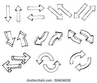 Set of hand drawn arrows. Arrows point in different directions. Icons arrows. Drawn line. The arrow symbols on a white background. Vector Illustration EPS10.