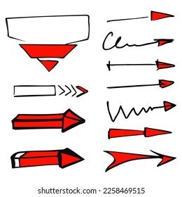 Set of hand drawn arrows and pointers, elements for presentation. Vector illustration, for your text or quote. Shapes for messages. Design note. 