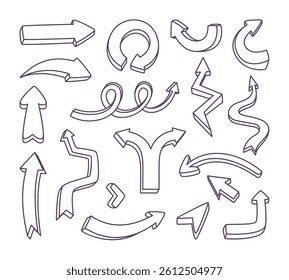 Set of hand drawn arrows. Sketch arrow design in doodle style for education and business plan original artwork