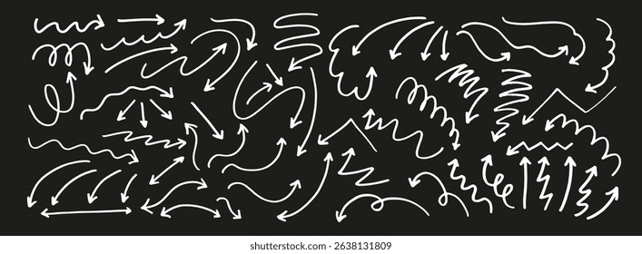 Set of hand drawn arrows. Sketch marker texture line scribble arrow icon. White curvy symbols. 