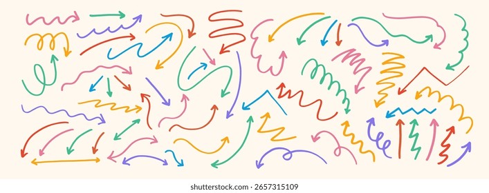Conjunto de setas desenhadas à mão. Ícone de seta de rabisco na linha de textura do marcador de esboço. Símbolos curvados brancos. 