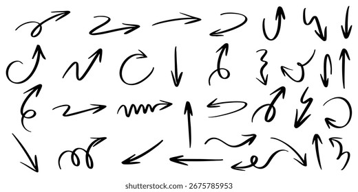 Conjunto de flechas dibujadas a mano en estilo boceto. Incluye diferentes direcciones, líneas curvas y símbolos de estilo doodle.