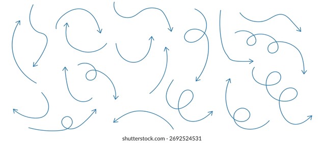 set of hand drawn arrows in sketch style. Includes different directions, curved lines, and doodle style symbols.