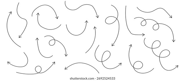 Conjunto de flechas dibujadas a mano en estilo boceto. Incluye diferentes direcciones, líneas curvas y símbolos de estilo doodle.