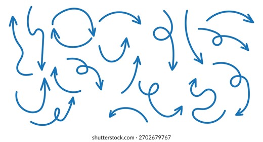 set of hand drawn arrows in sketch style. Includes different directions, curved lines, and doodle style symbols.
