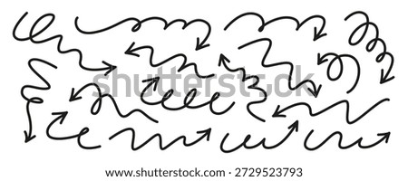 Set of hand drawn arrows. Sketch marker texture line scribble arrow icon. Black line curvy symbols. 