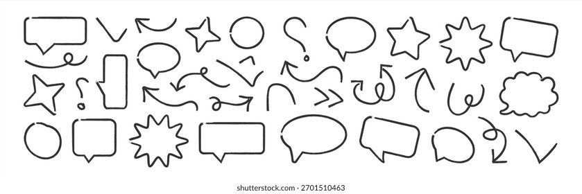 Set of hand drawn arrows, speech Speech bubbles, stars and swirls symbols charcoal or pencil drawn. brush strokes, triangles. Hand drawn elements for your design