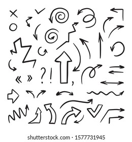 Set of hand drawn arrows. Stock vector illustration. Line outline elements in white background.