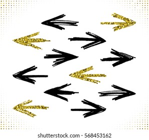 Set of hand drawn arrows symbol. Vector golden glitter texture. 