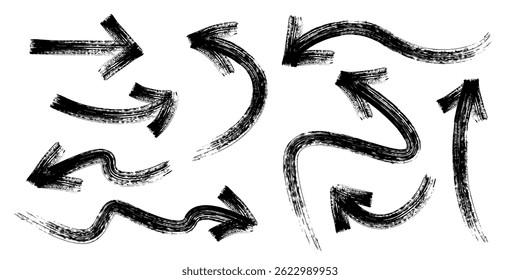Set of hand drawn arrows with texture. Curvy, wavy arrows.