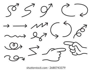 Set of hand drawn arrows in various shapes