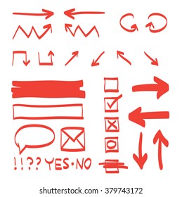 Set of hand drawn arrows vector icons in red