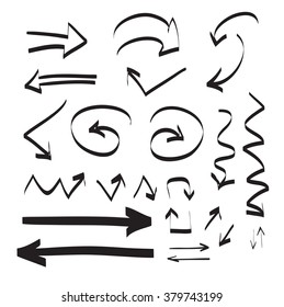 Set of hand drawn arrows vector icons, spirals, arrow circle, black plus white