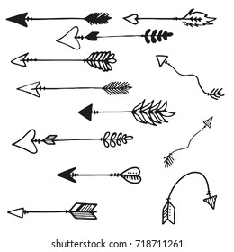 Set of hand drawn arrows, vector illustration, black tribal arrows