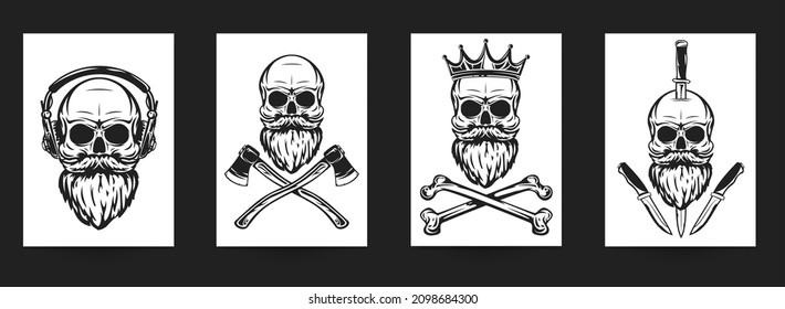 Set of hand drawn art composition with skulls in monochrome vintage style isolated on white background. Collection templates for banner, poster, tattoo. Modern design elements. Vector illustration.