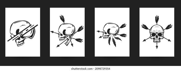 Set of hand drawn art composition with skulls in monochrome vintage style isolated on white background. Collection templates for banner, poster, tattoo. Modern design elements. Vector illustration.