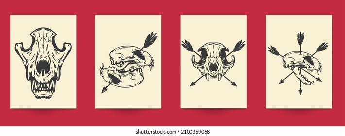 Set of hand drawn art composition with animal skulls in monochrome vintage style isolated on white background. Collection templates for poster, tattoo. Modern design elements. Vector illustration.