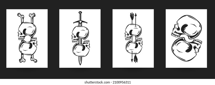 Set of hand drawn art composition with skulls in monochrome vintage style isolated on white background. Collection templates for banner, poster, tattoo. Modern design elements. Vector illustration.