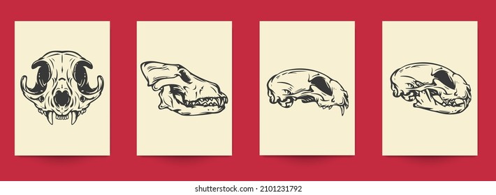 Set of hand drawn art composition with animal skulls in monochrome vintage style isolated on white background. Collection templates for poster, tattoo. Modern design elements. Vector illustration.