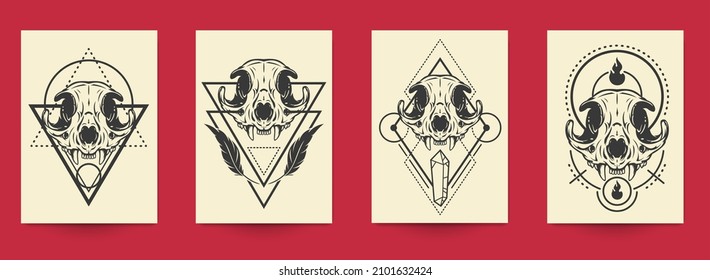 Set of hand drawn art composition with animal skulls in monochrome vintage style isolated on white background. Collection templates for poster, tattoo. Modern design elements. Vector illustration.