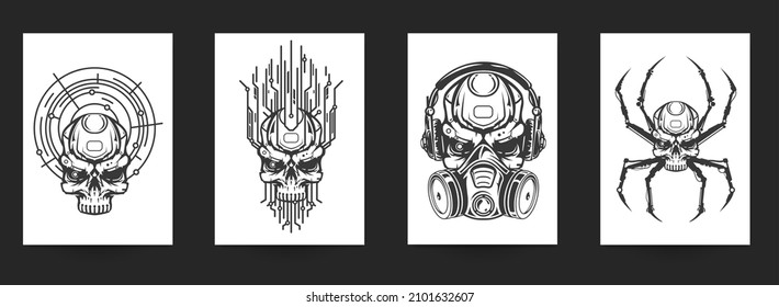 Set of hand drawn art composition with skulls in monochrome vintage style isolated on white background. Collection templates for banner, poster, tattoo. Modern design elements. Vector illustration.